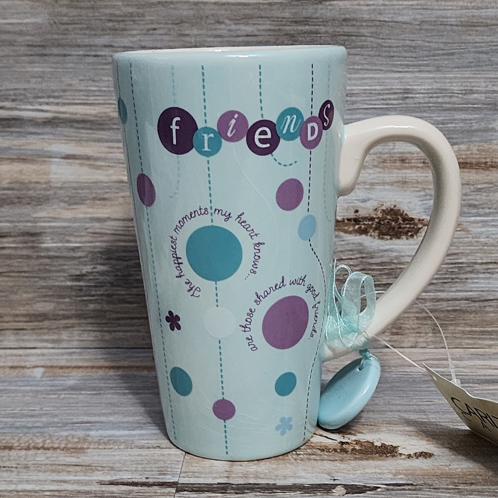 Carlton Cards Friends Tall Latte Mug Blue Polka Dot Ceramic Cup with Charm NWT
